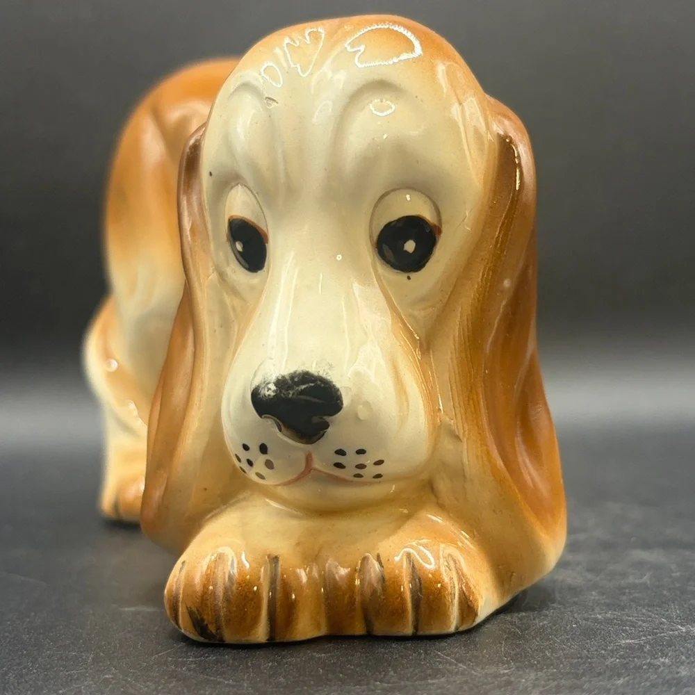 Vintage Hand Painted Ceramic Basset Hound Dog Puppy Figurine Collectible Figure